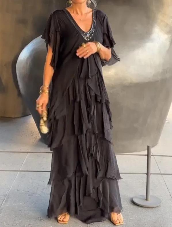 Elegant loose V-neck fashionable cake long dress