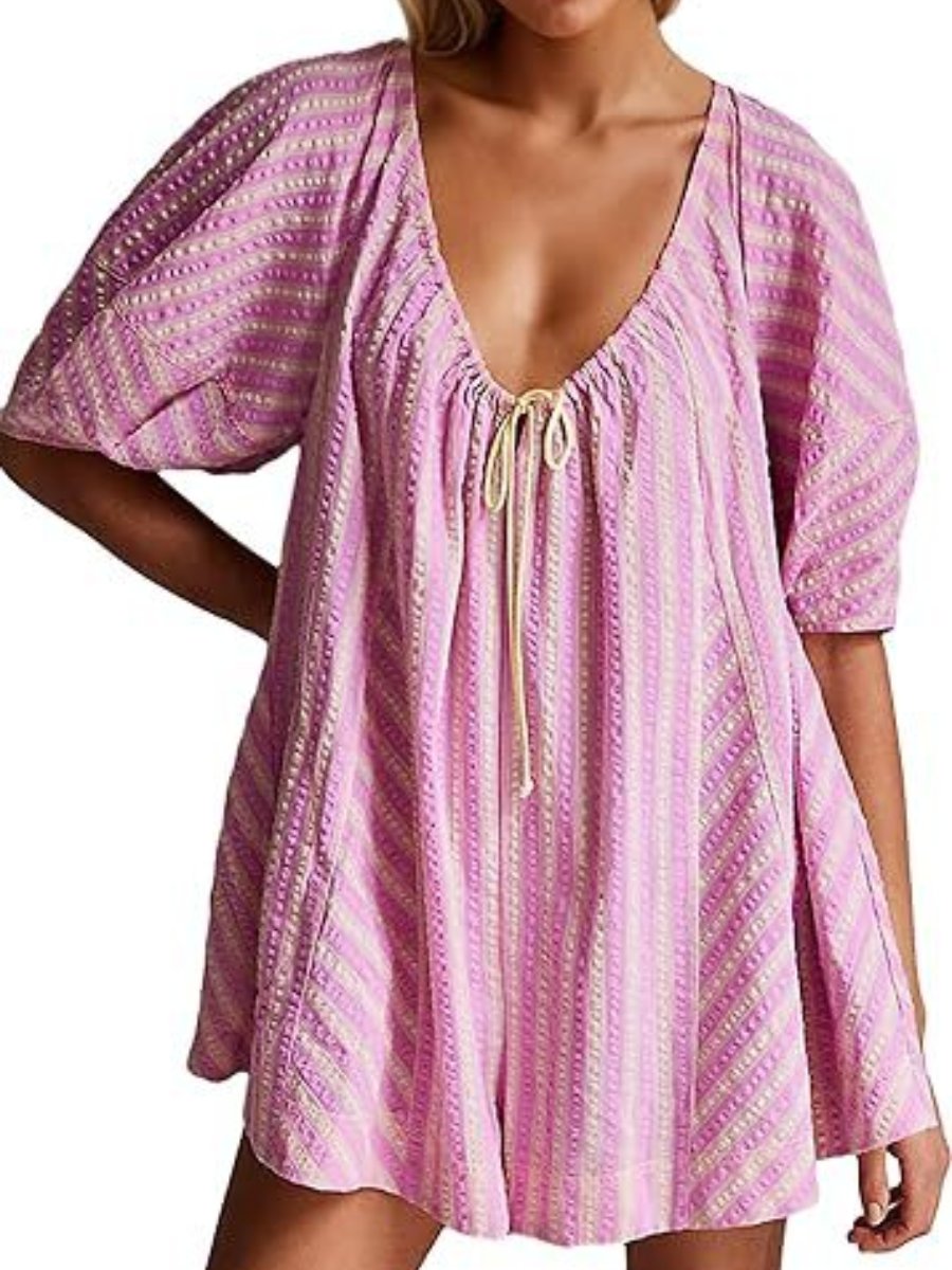 Striped Casual Loose Deep V Wide-leg Romper