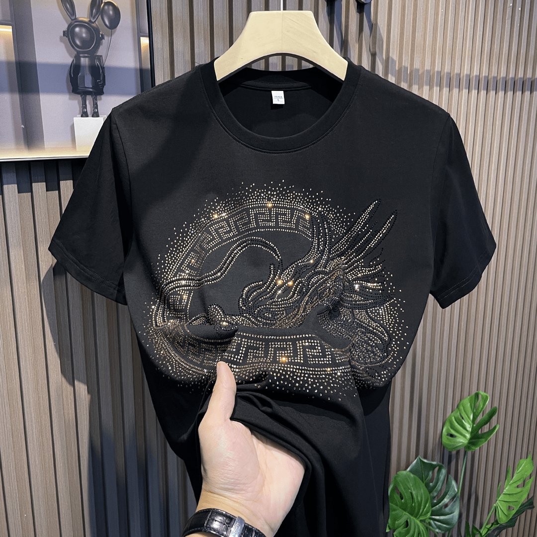 Summer Short Sleeve T-shirt Slim Fit Dragon Printed Rhinestone