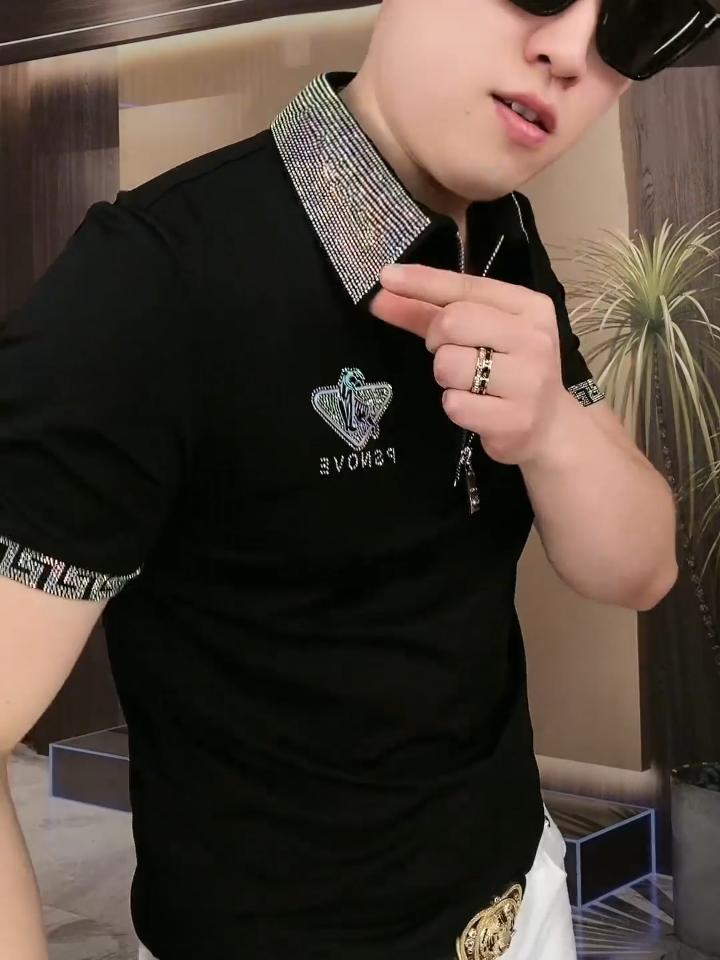 Stand collar hot diamond fashion T-shirt