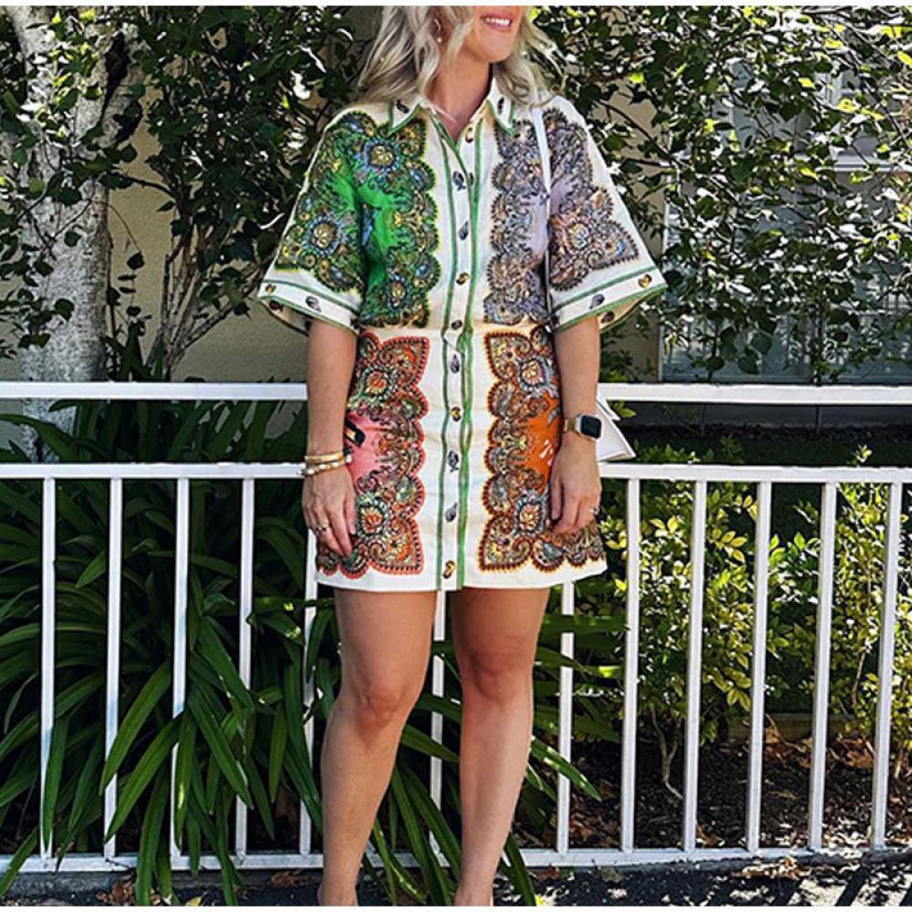 Mermaid print button-up twist shirt mini dress