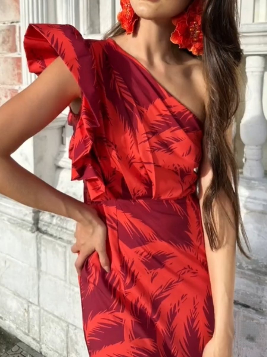 One-Shoulder Printed Maxi Dress