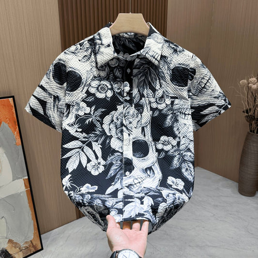Skull Floral Short Sleeve Cuban Collar Shirt Vintage Hawaiian Shirt
