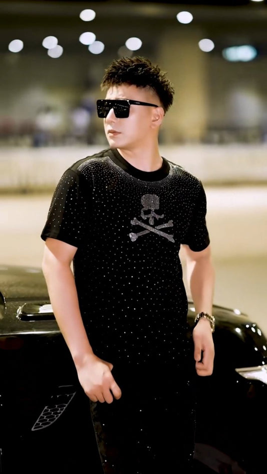 Skull print rhinestone T-shirt