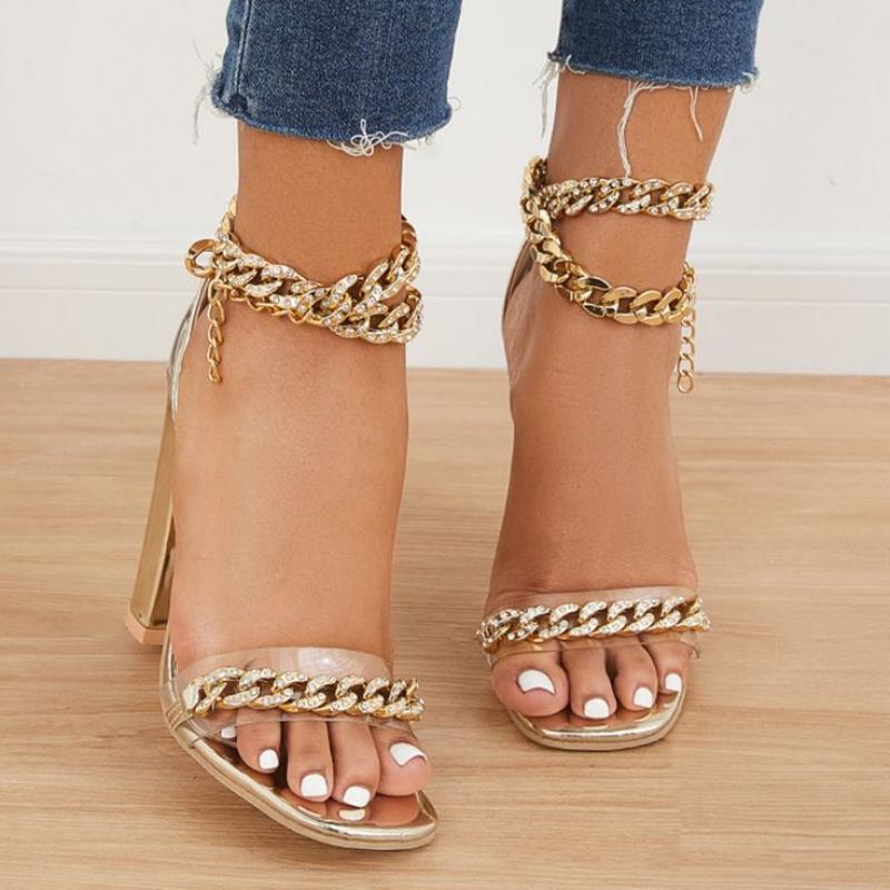 Stylish rhinestone chain block heel high heel sandals