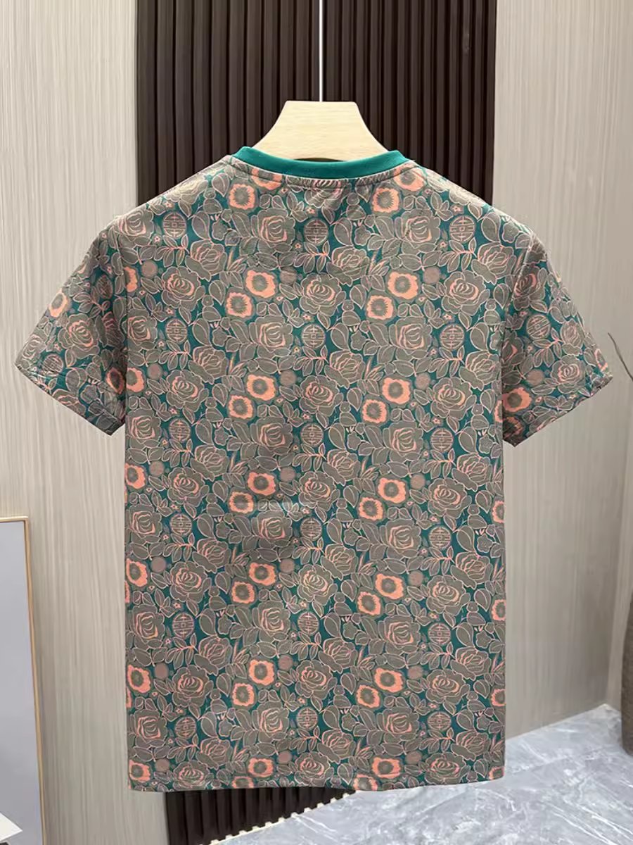 Summer new men's printed short-sleeved fashionable floral slim round neck t