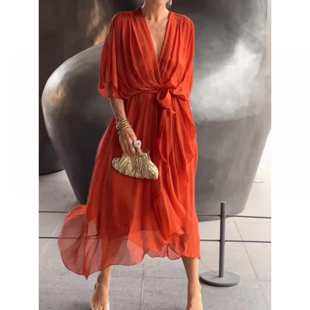 Stylish and elegant V-neck light chiffon dress