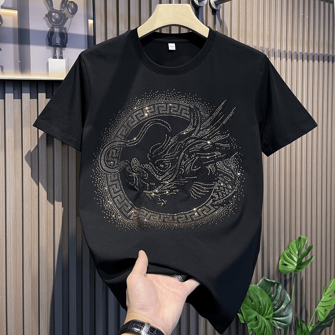 Summer Short Sleeve T-shirt Slim Fit Dragon Printed Rhinestone