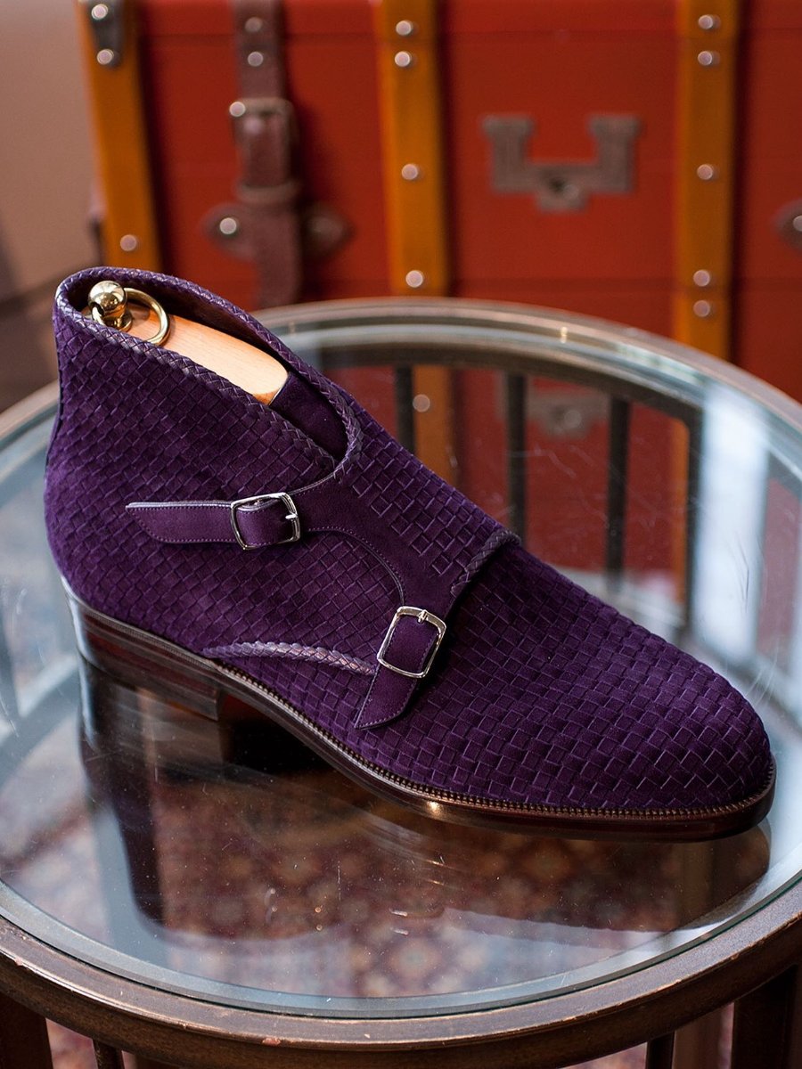 Handmade Purple Double Strap Buckle Monk Boots