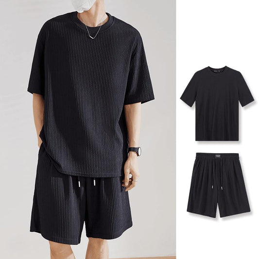 [Suit] Summer Textured Fabric Round Neck T-shirt Simple Loose Breathable Shorts Suit