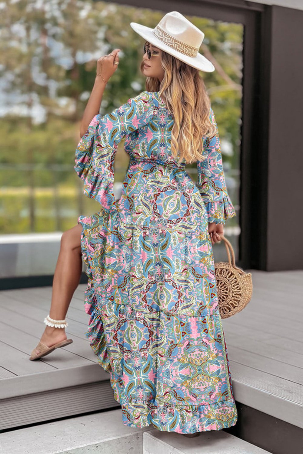 Paisley Printed Ruffle Trim Elegant Maxi Dress