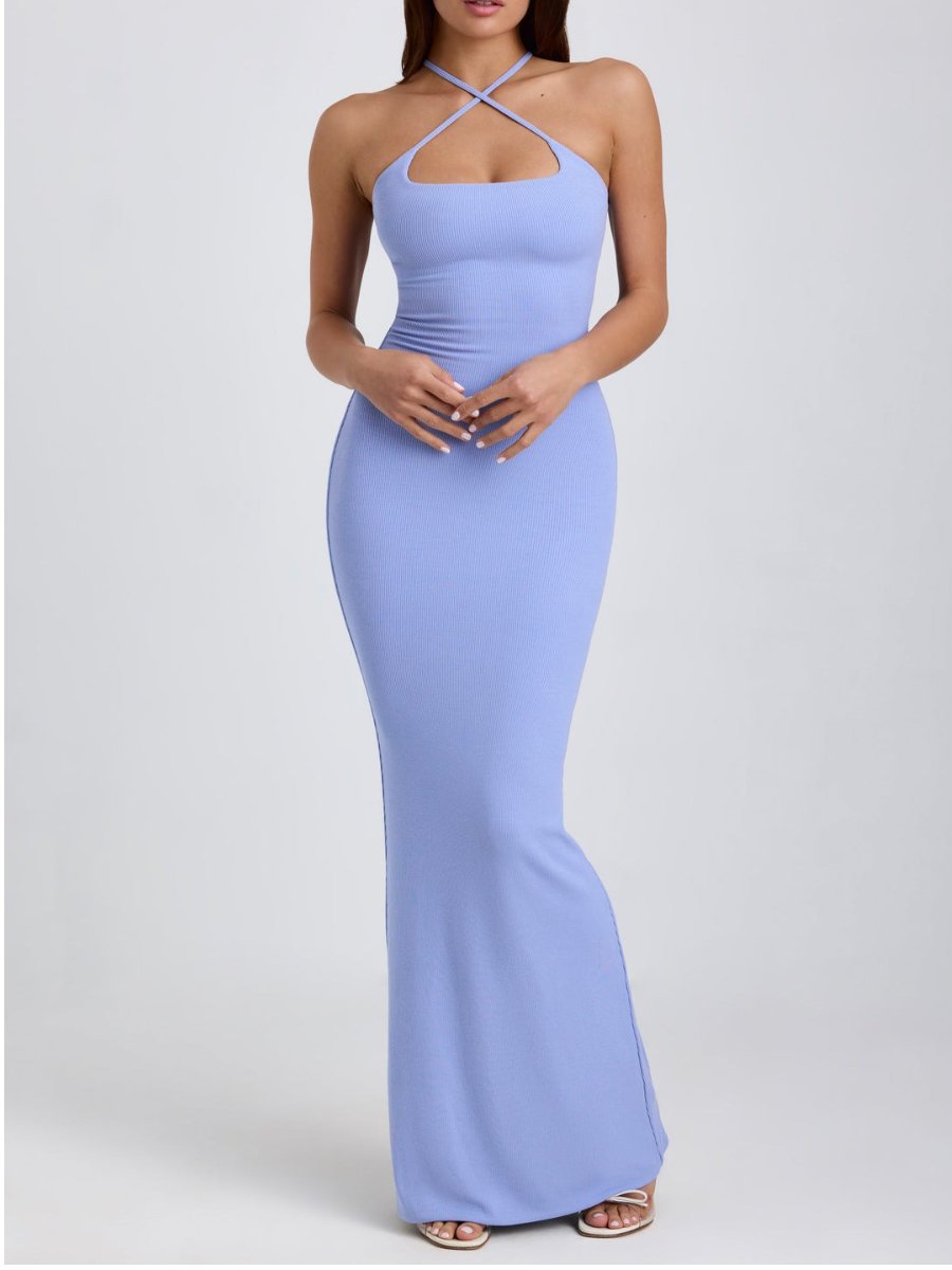 Ribbed Modal Halterneck Maxi Dress in Bluebell