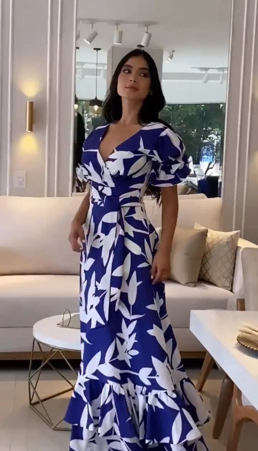 Elegant Blue And White Printed Maxi Dress
