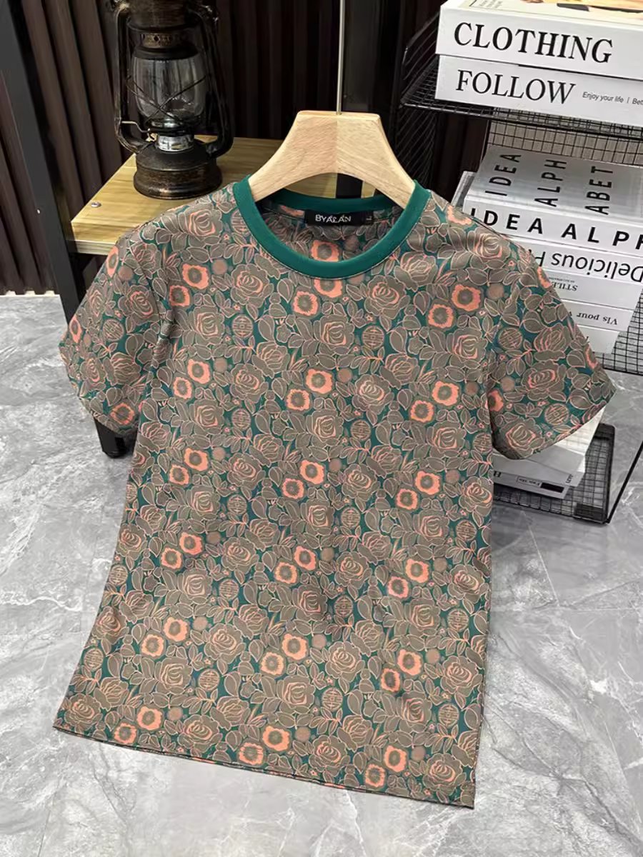 Summer new men's printed short-sleeved fashionable floral slim round neck t