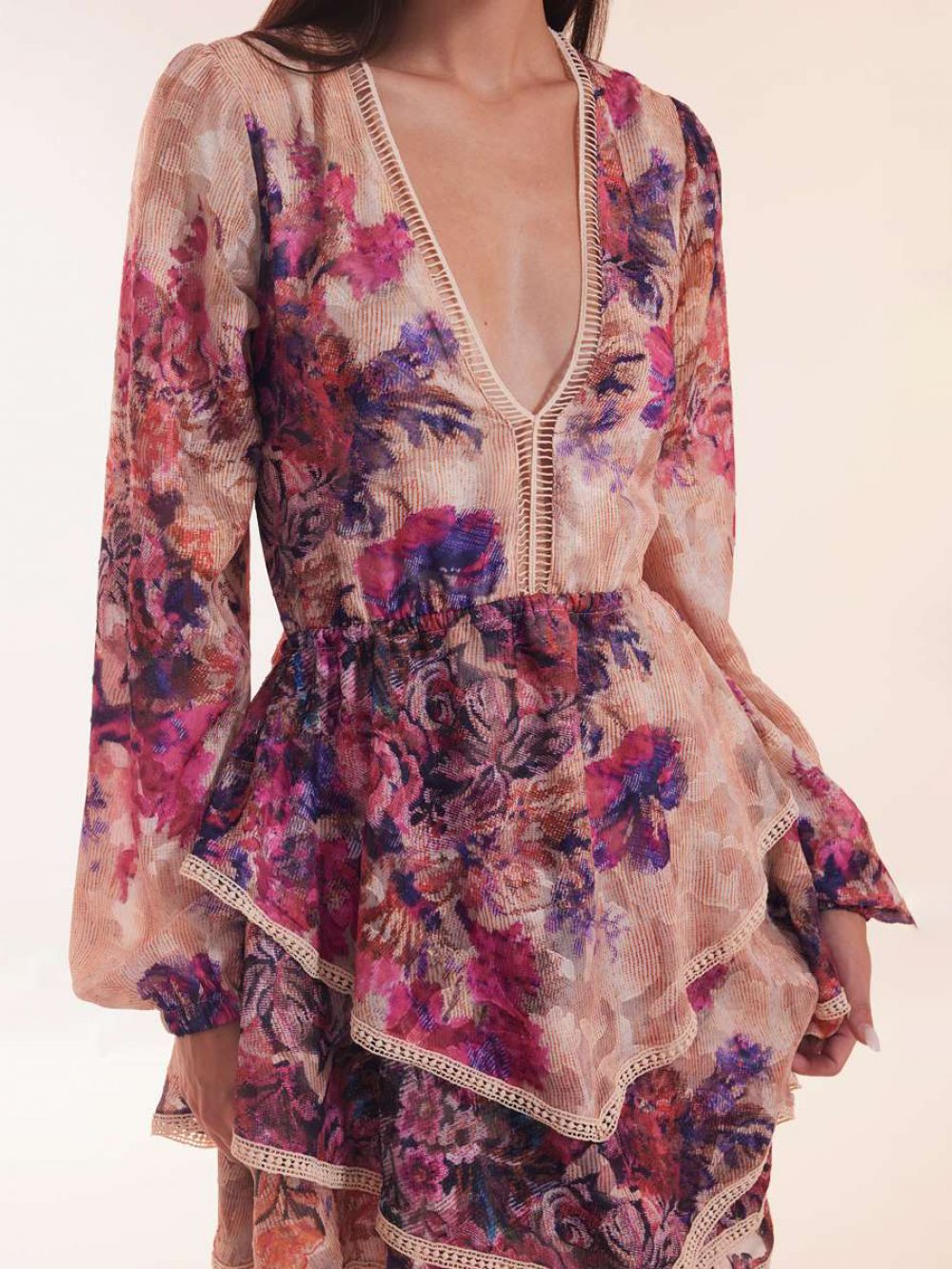 Deep V Neck Printed Backless Flouced Dress