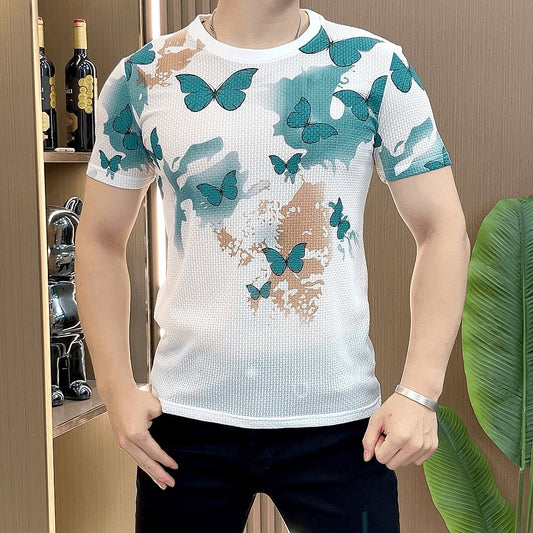 Summer Ice Silk Heavy Industry Butterfly Printed Casual Round Neck T-shirt