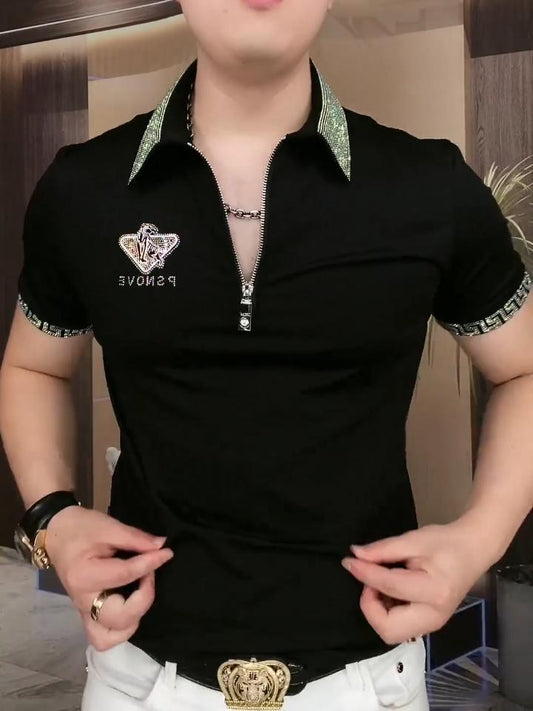 Stand collar hot diamond fashion T-shirt