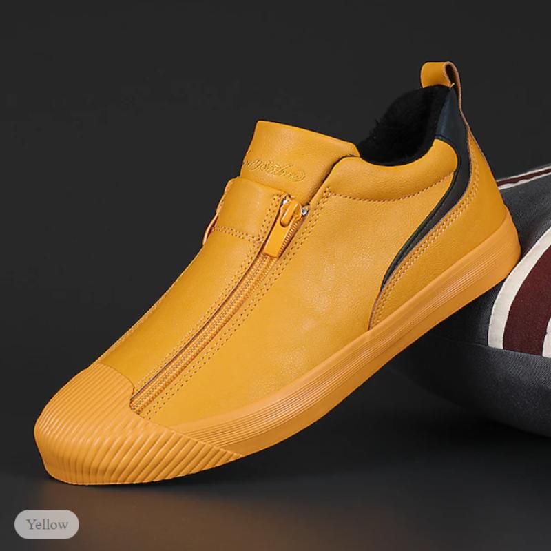 Men's Yellow Leather Slip-On Sneakers With Zipper Closure For Casual Wear