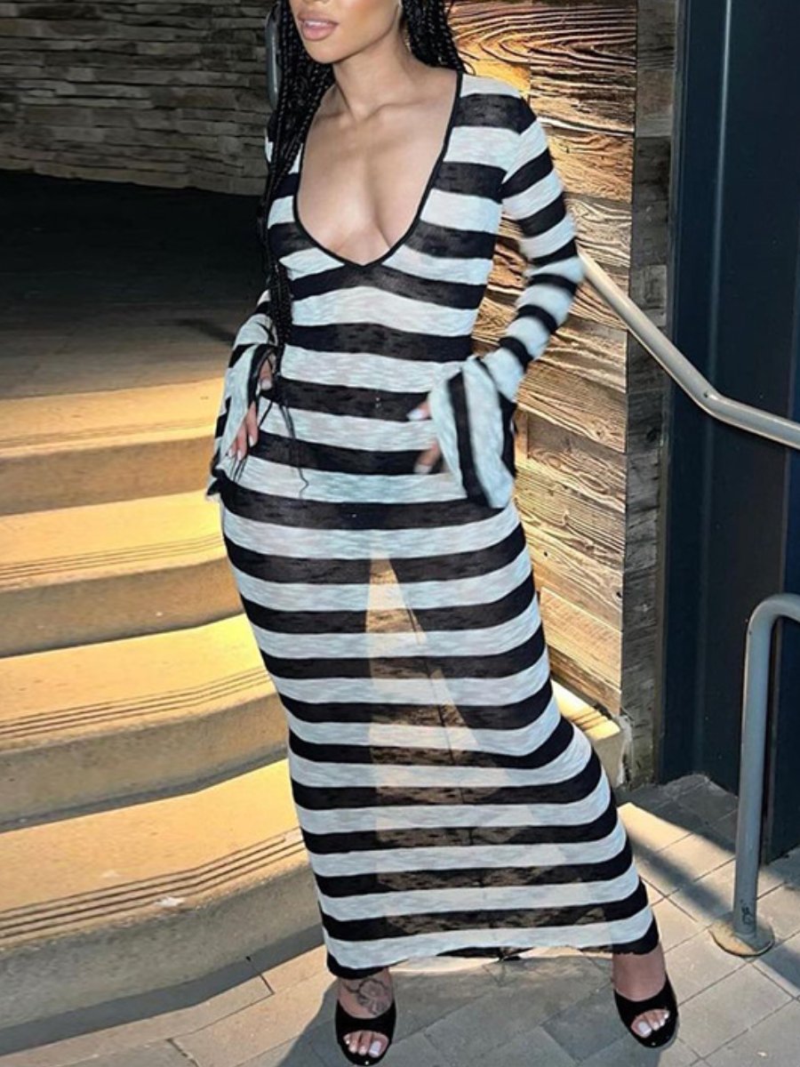 Fashion Sexy Striped Print Backless Dress