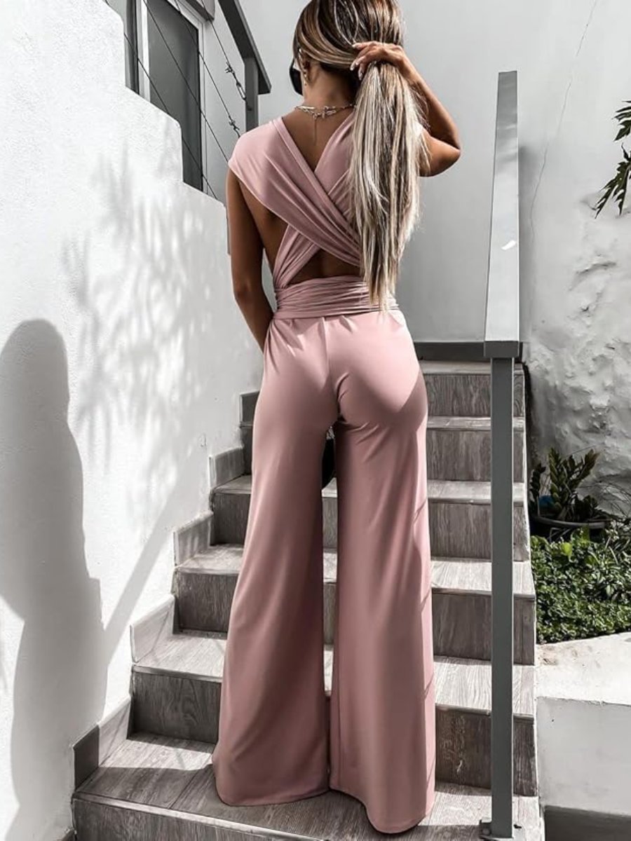 Womens Cross Back Tie Waist Sleeveless Jumpsuit Deep V Neck Wide Leg Jumpsuits