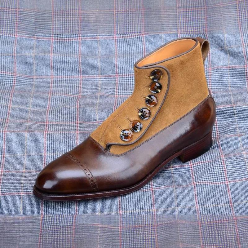 Men Two Tone Suede & Leather Brown & Tan Ankle High Button Boots-Shoes