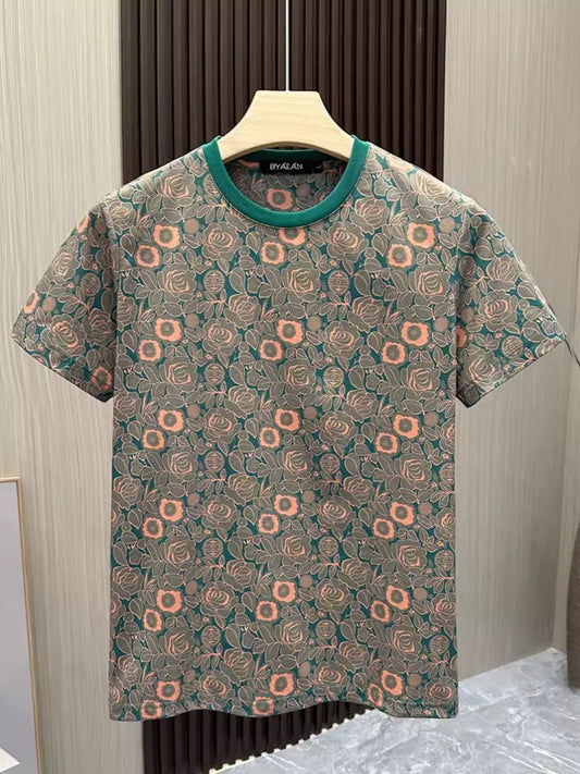 Summer new men's printed short-sleeved fashionable floral slim round neck t