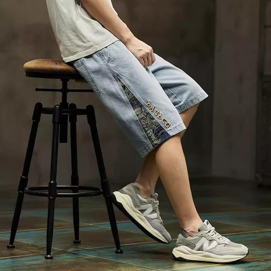 Retro Denim Shorts Men's Loose Bear Embroidery 5-Point Casual Straight Jeans