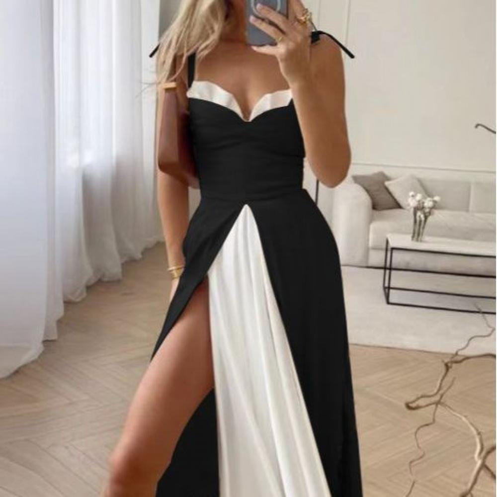 Elegant slit V-neck solid A-line dress