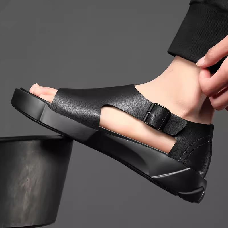 New summer top layer cowhide beach shoes thick bottom non-slip open toe sandals
