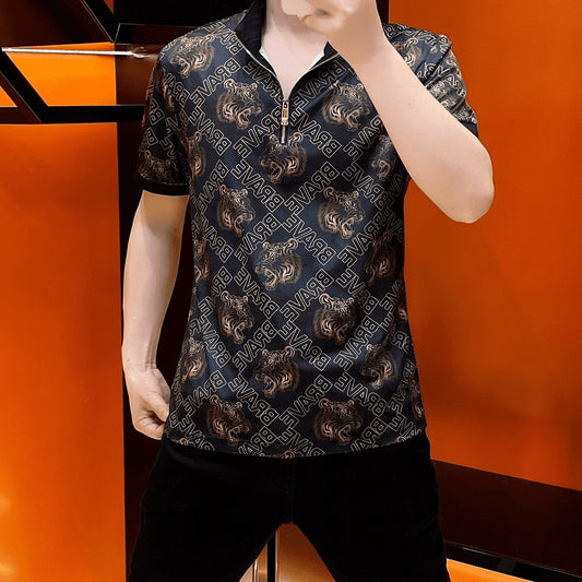 Quality tiger head print casual stand collar men's polo shirt