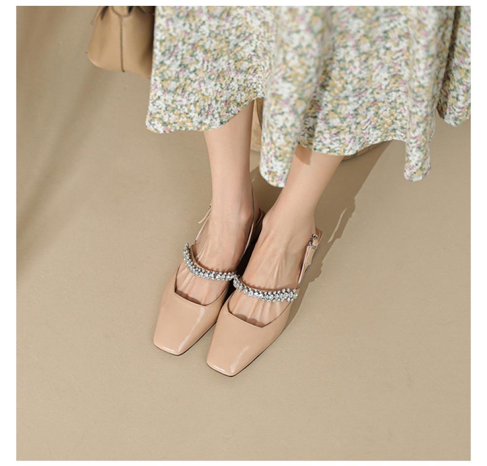 Rhinestone square toe low heel flats