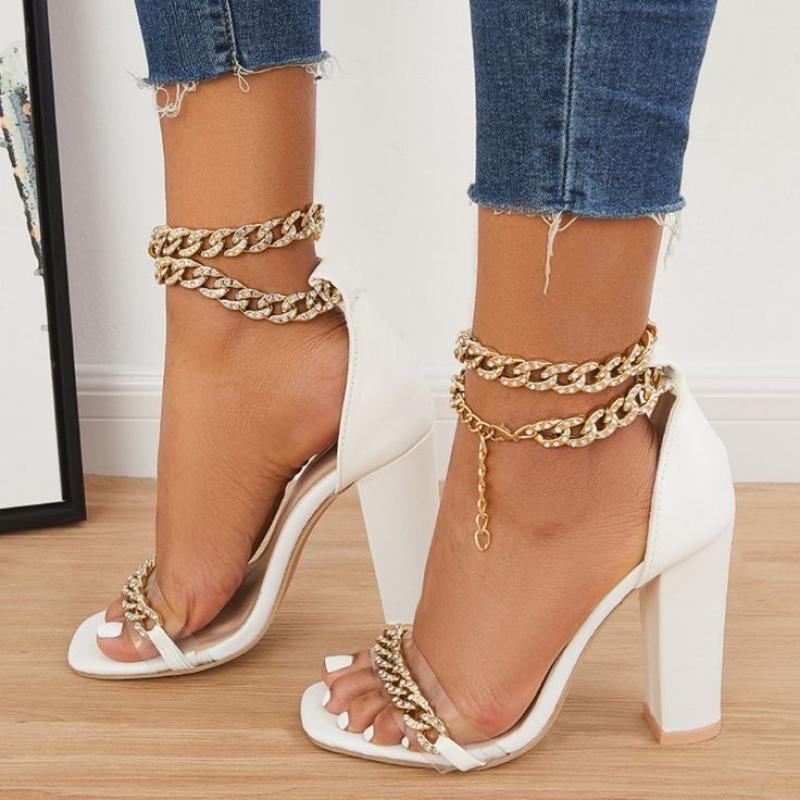 Stylish rhinestone chain block heel high heel sandals