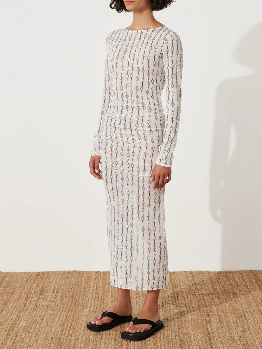 White translucent pattern art knitted dress