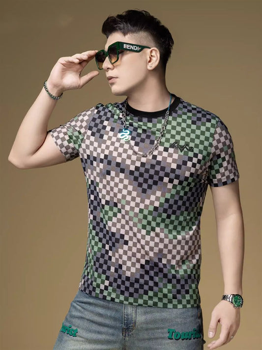 New trendy pixel camouflage plaid cotton short-sleeved T-shirt