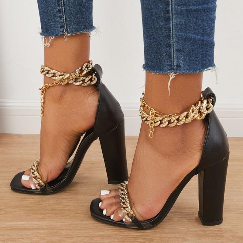 Stylish rhinestone chain block heel high heel sandals